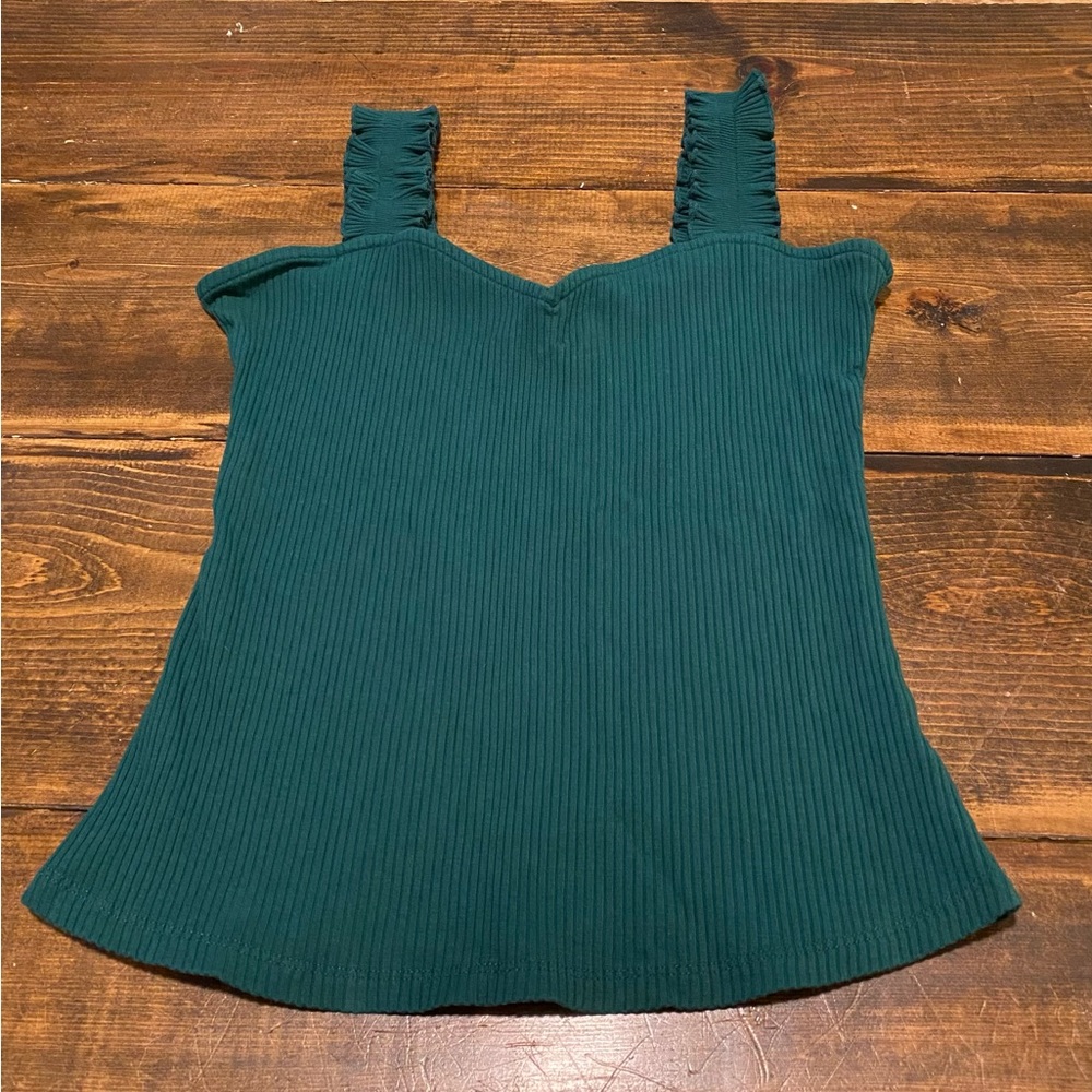 High Roller Ruffle Strap Ribbed Knit Tank Dark Green